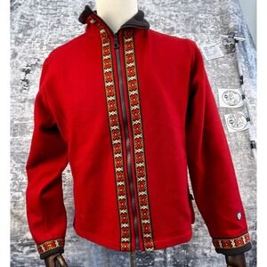 Kuhl Alf  Red Wool Blend Zip Up Jacket Women's L Nordic Fair  Pattern Trim
